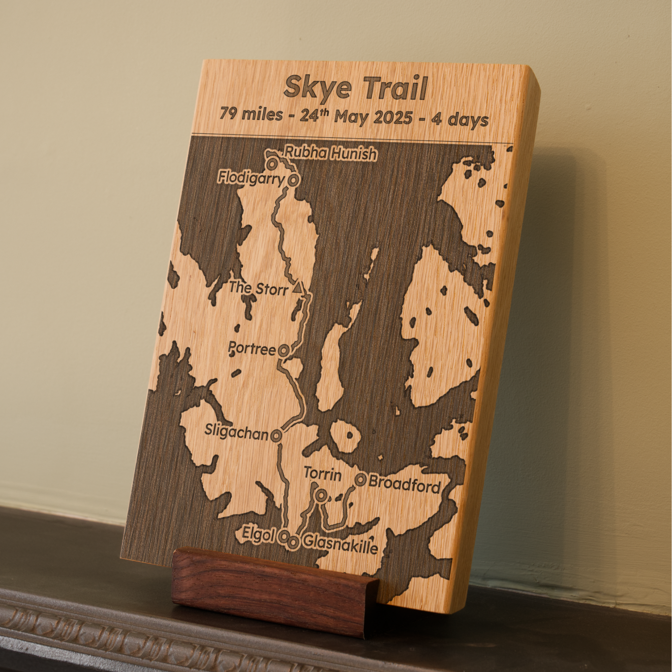 Skye Trail Engraved Oak Plaque Wooden plaque depicting the Skye Trail map, showing route details and date.