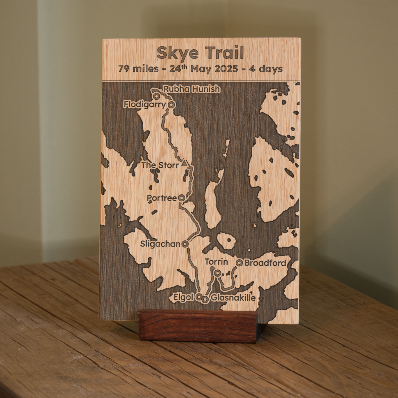 Skye Trail Engraved Oak Plaque Wooden plaque depicting the Skye Trail map, showing route details and date.